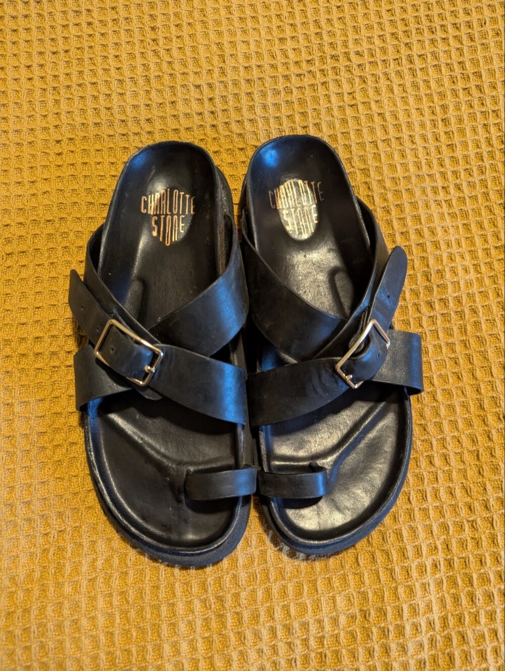 Charlotte Stone Black Leather Buckle Slide Sandals, 9